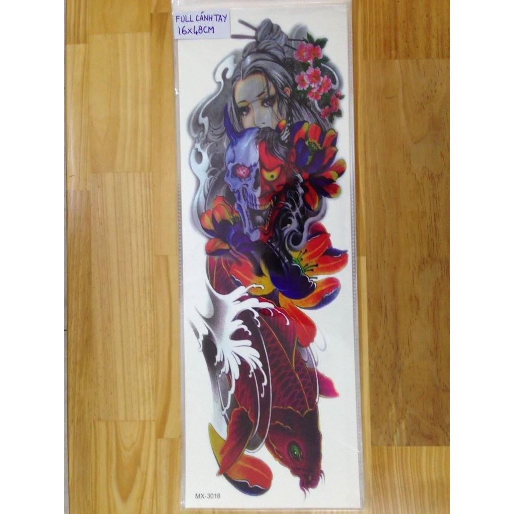 Hình xăm dán kín tay mặt quỉ cá chép 17x48cm- tặng bắp tay khi mua từ 2 tấm, tặng đồng size khi mua từ 4 tấm