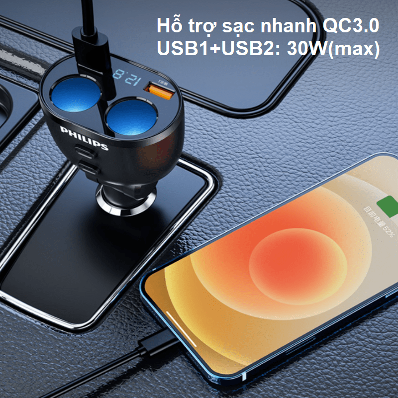 Bộ chia tẩu sạc ô tô cao cấp Philips DLP4007B/93 - Chế độ kết hợp 2 đầu ra - Bảo hành 24 tháng