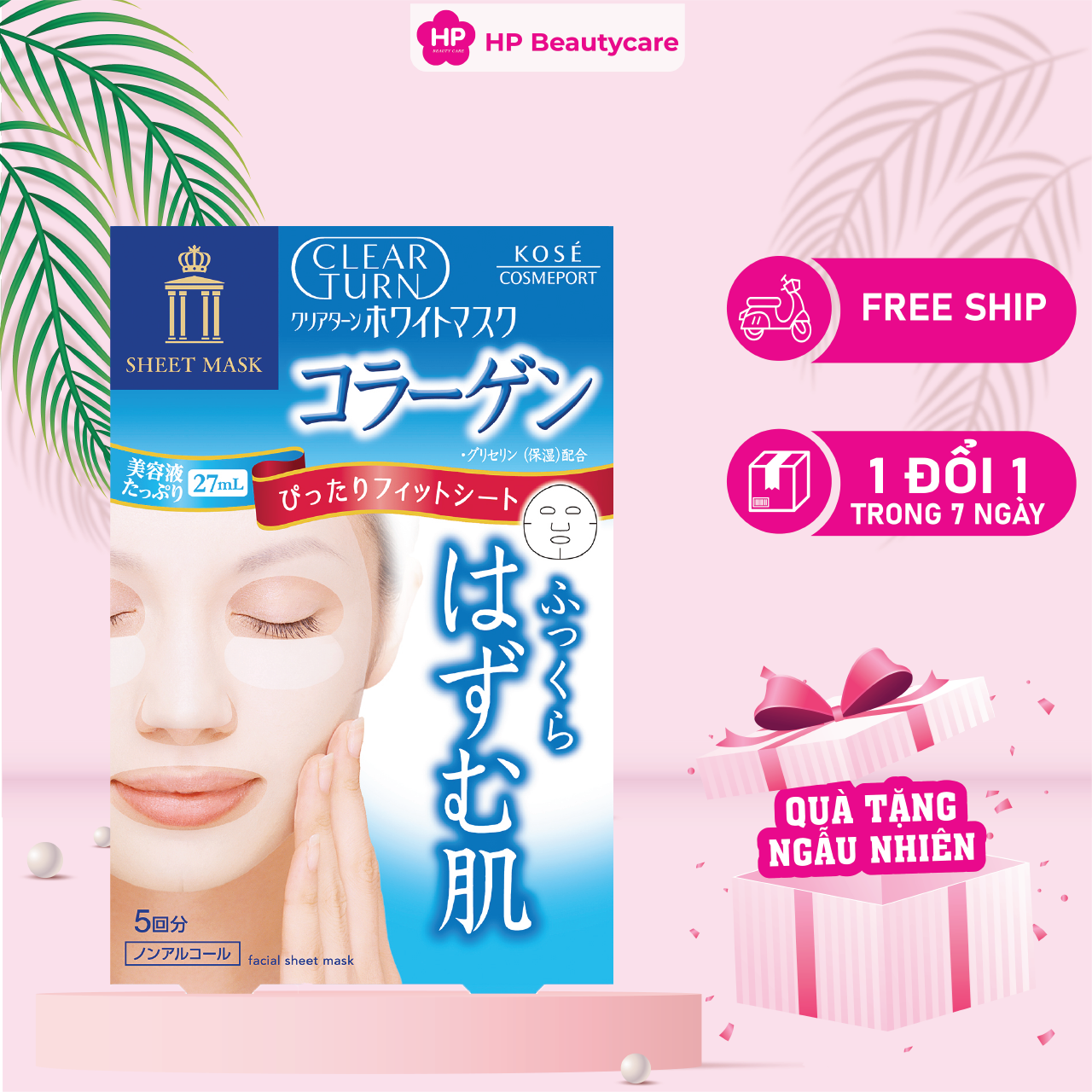 Mặt Nạ Dưỡng Trắng Collagen Kosé Softymo Clear Turn White Mask VC  5 Miếng (Combo 5 Miếng Và Set Mini)
