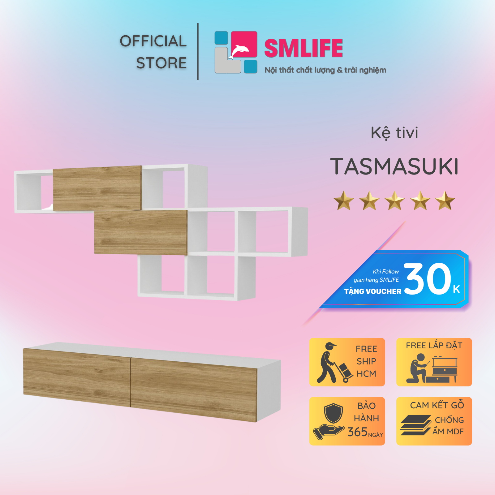 Kệ Tivi gỗ hiện đại SMLIFE Tasmasuki | Gỗ MDF dày 17mm chống ẩm | D135xR30xC25cm