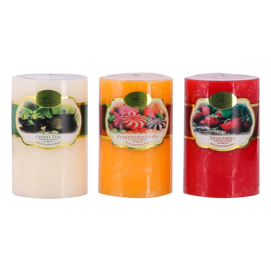 Set 3 Nến Thơm Trụ Tròn D5H8 Miss Candle FtraMart NQMD5H8 (5 x 8 cm) - (Cam - Đỏ - Vàng Nhạt)