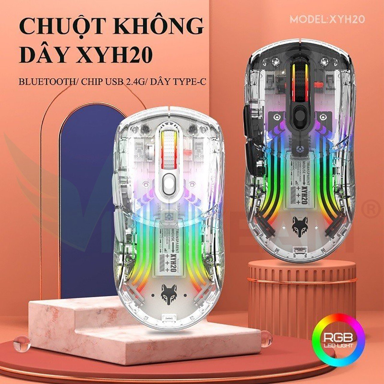 Vinetteam Chuột không dây XUNFOX XYH20/XYH10 kết nối 3 chế độ có dây type-c, bluetooth, usb 2.4G với thiết kế trong suốt kèm theo nhiều chế độ LED RGB - hàng chính hãng