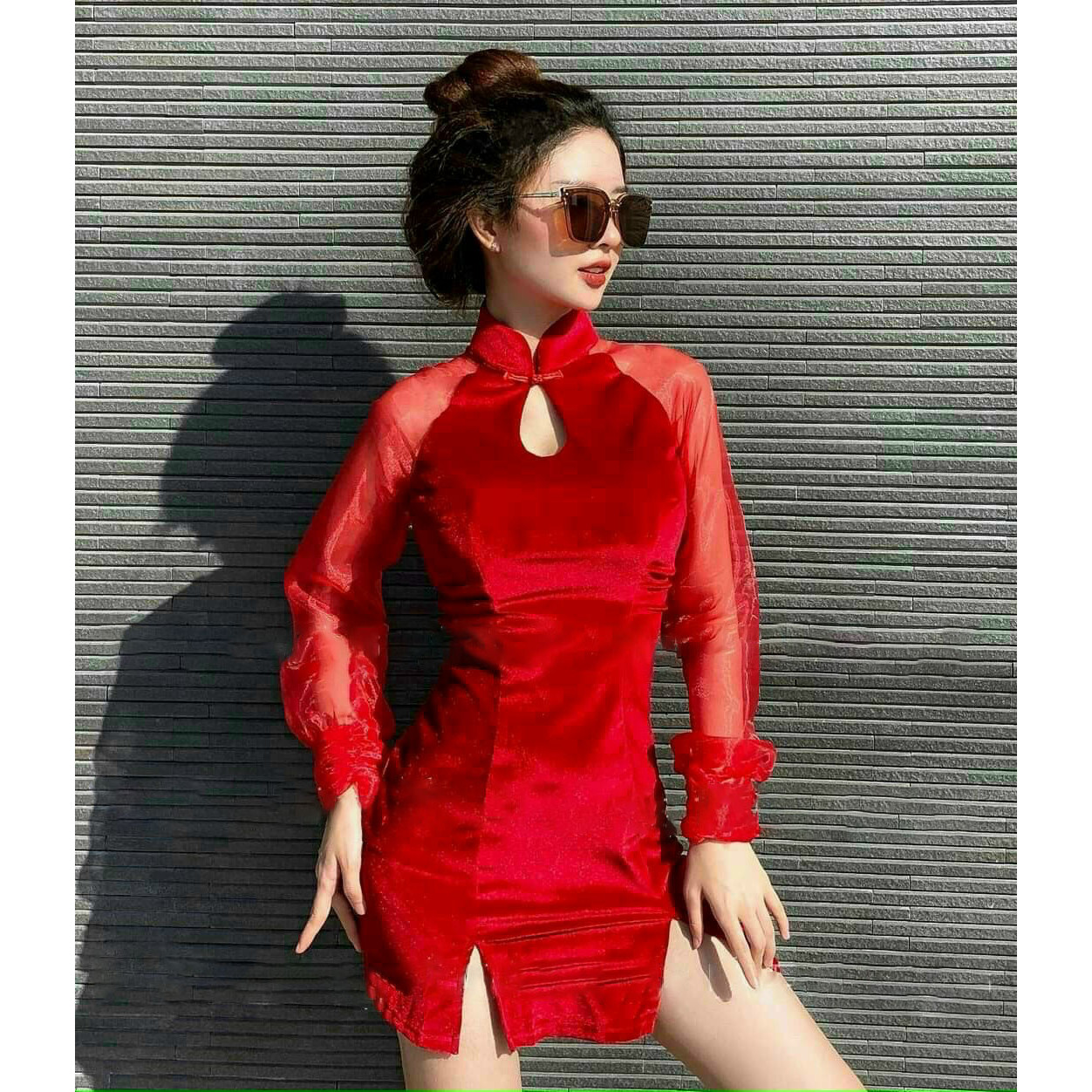 Đầm nữ cổ tàu giọt nước xẻ lai thời trang