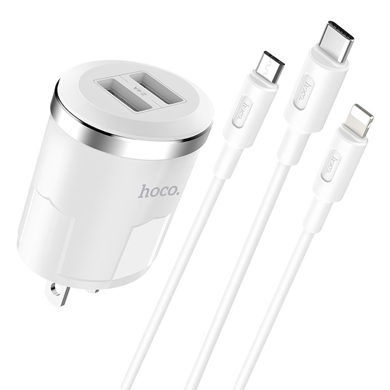 Bộ Adapter Sạc Hoco C38A Thunder Power Dual Port Charger Set 3-in-1(EU) - Hàng Nhập Khẩu