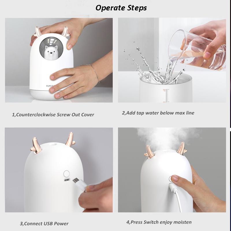 Thiết Bị Gia Dụng USB Tạo Độ Ẩm 300 Ml Thú Dễ Thương Siêu Âm Cool Mist Hương Thơm Không Khí Máy Khuếch Tán Tinh Dầu Màu Sắc Lãng Mạn LED Humidificador