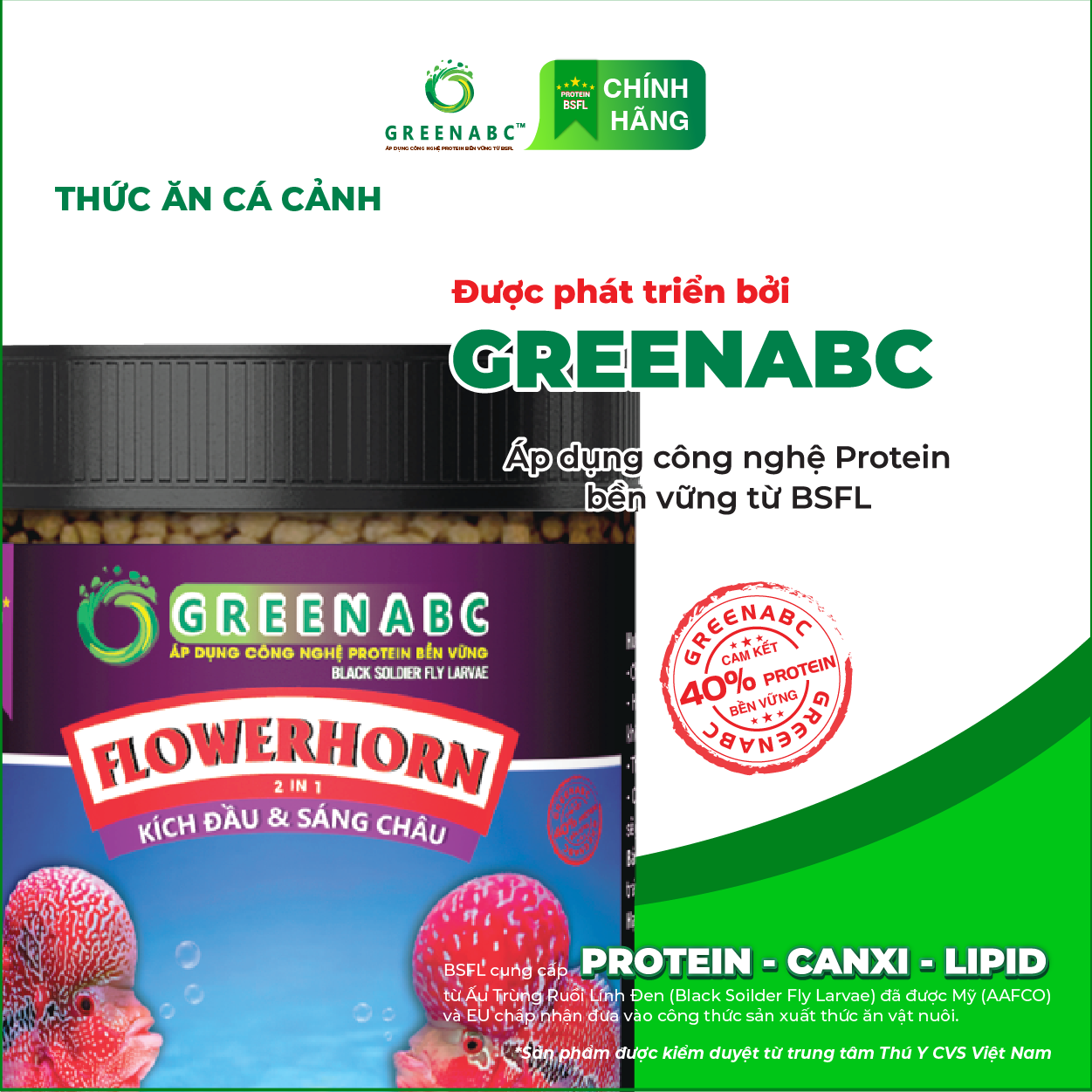 Thức ăn Cá La Hán GREENABC - Flowerhorn Fish – Hàm lượng protein 40% giúp kích bung đầu to, châu sáng, vảy rực rỡ, tăng trưởng nhanh - Hộp 350g