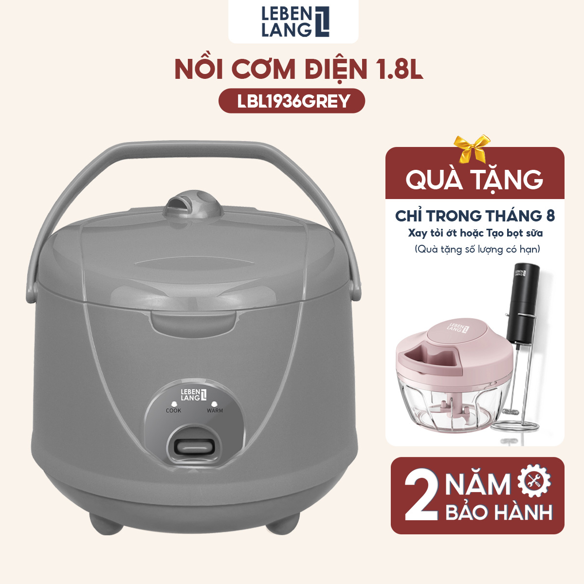 Nồi cơm điện Lebenlang LBL1936 dung tích 1800ml, công suất 700W, thiết kế đơn giản, bảo hành 2 năm - hàng chính hãng