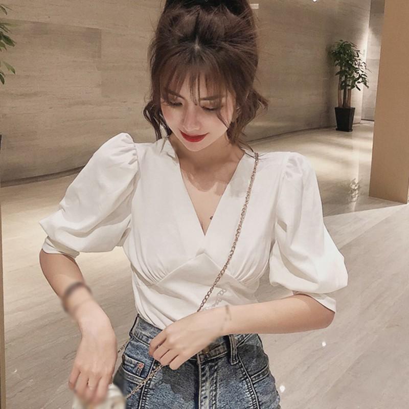 Áo Sơ Mi Tay Ngắn Cổ Chữ V Màu Trơn Thời Trang Dành Cho Nữ