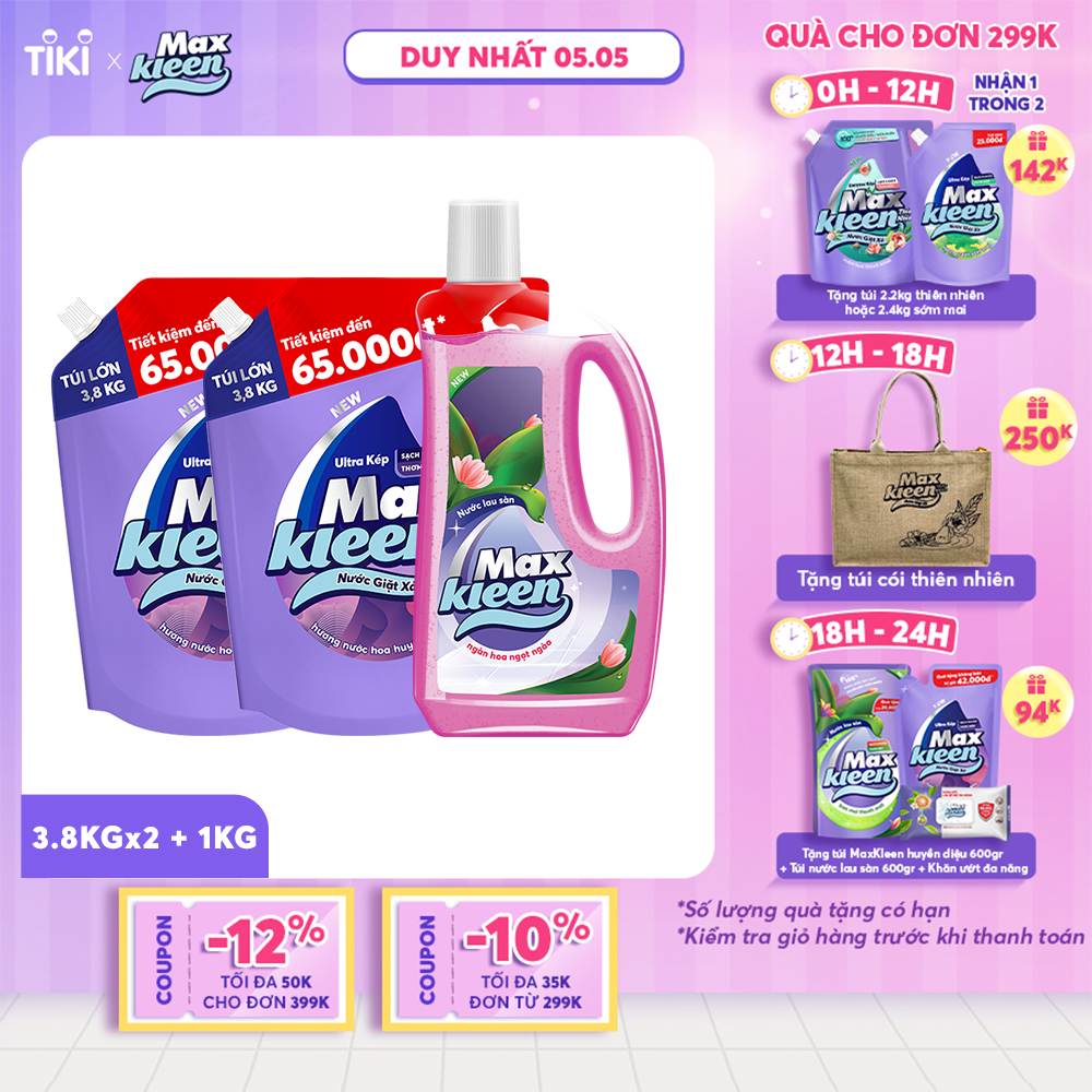 Combo 2 Túi Nước Giặt Xả MaxKleen hương Huyền Diệu (3.8kg/túi) + Nước Lau Sàn 1kg