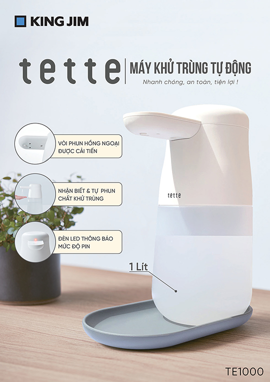 Máy rửa tay khử khuẩn tự động KING JIM TETTE - TE1000 [HÀNG CHÍNH HÃNG] Thương hiệu Nhật Bản, cảm ứng hồng ngoại