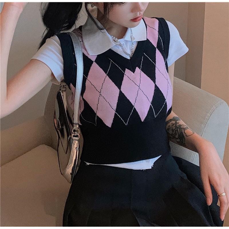 Set áo polo mix gile croptop kẻ caro phong cách highteen