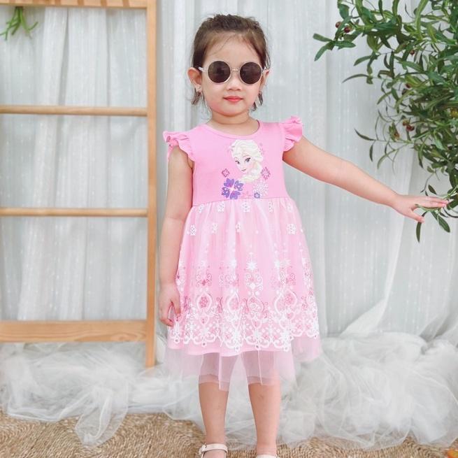 Váy công chúa bé gái 3-10 tuổi sát nách phối ren hình elsa bông tuyết, Đầm cho bé cao cấp điệu đà đáng yêu