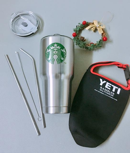 Ly giữ nhiệt + túi + ống hút
