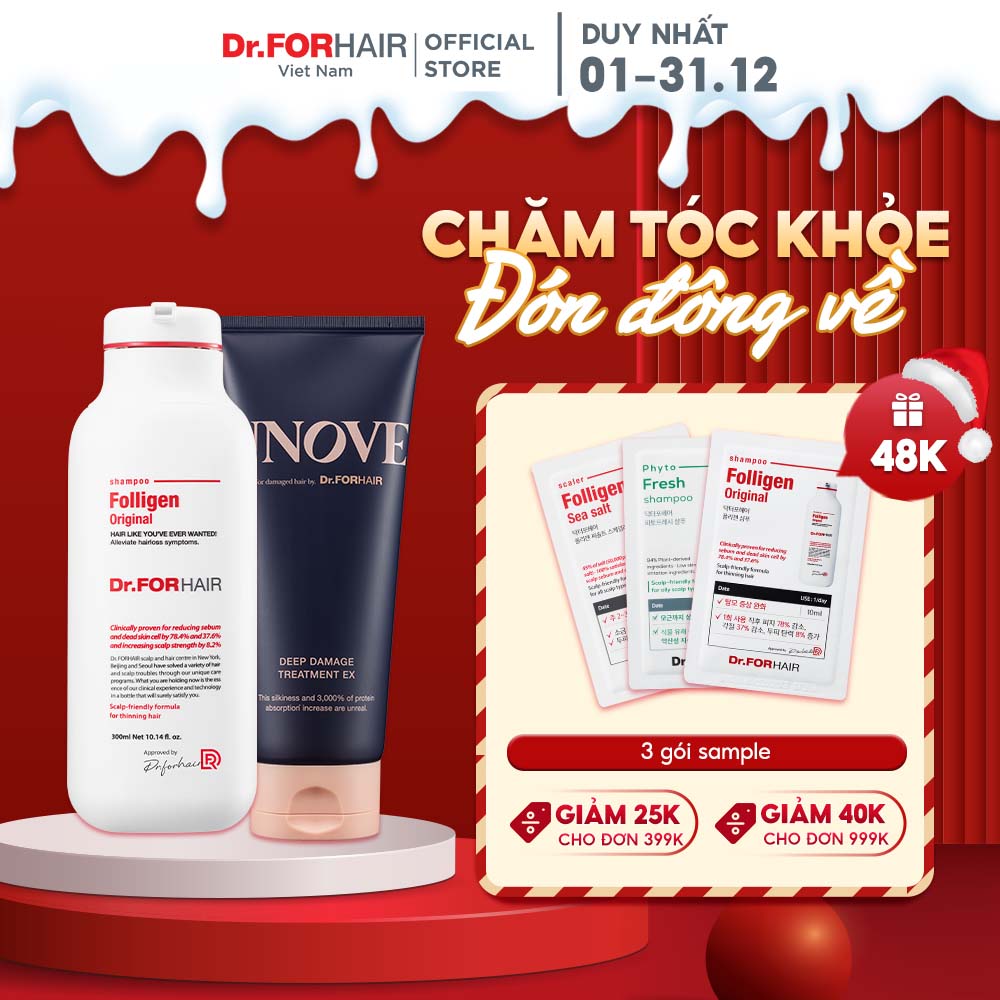 Combo gội xả hỗ trợ mọc tóc phục hồi tóc giảm khô xơ gãy rụng Dr.FORHAIR Folligen Original Shampoo 300ml x Unove Deep Damage Treatment Ex 207ml
