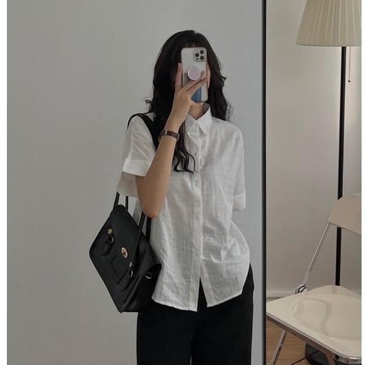Sơ mi nữ cộc tay chất đũi mát cổ đức️ ️ Áo sơ mi đũi ngắn tay đuôi tôm 3 màu hothit ulzzang