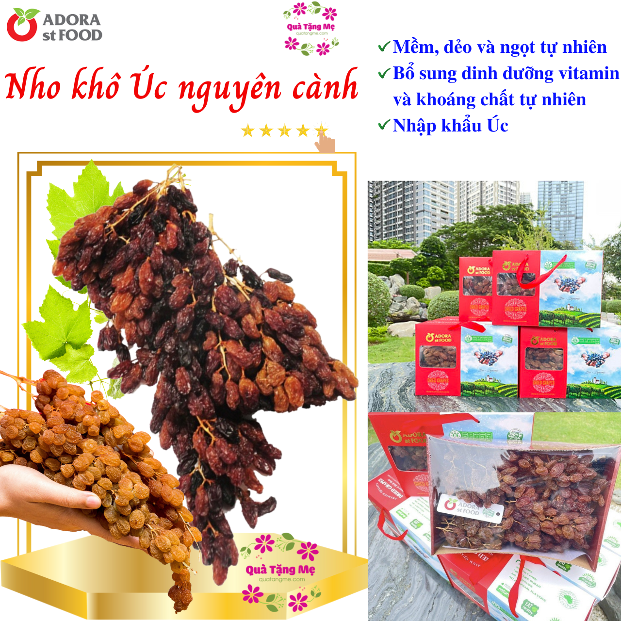 Nho khô nguyên cành THOMPSON Úc Dried Grapes Adora st Food (mẫu Quà Tết 1kg/hộp) ngon, bổ dưỡng, giàu vitamin, khoáng chất tự nhiên-QuaTangMe Extaste