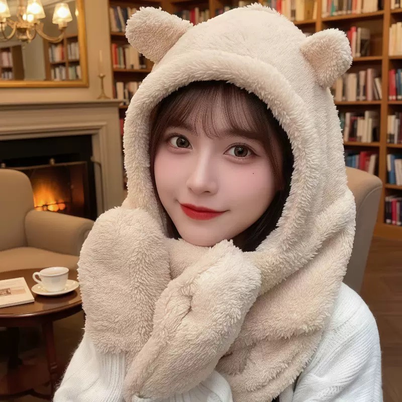 Mũ khăn quàng cổ mũ lông gấu có găng tay thời trang siêu dễ thương giữ ấm dành cho nữ