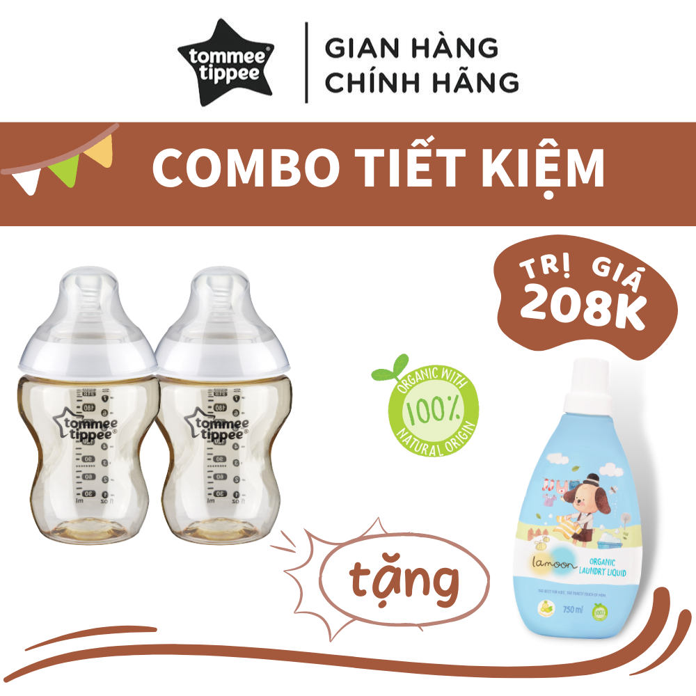 COMBO 2 Bình Sữa Tommee Tippee PPSU Ty Siêu Mềm Tự Nhiên 260ml Tặng 1 Bình Nước giặt đồ sơ sinh Organic Lamoon 750ml