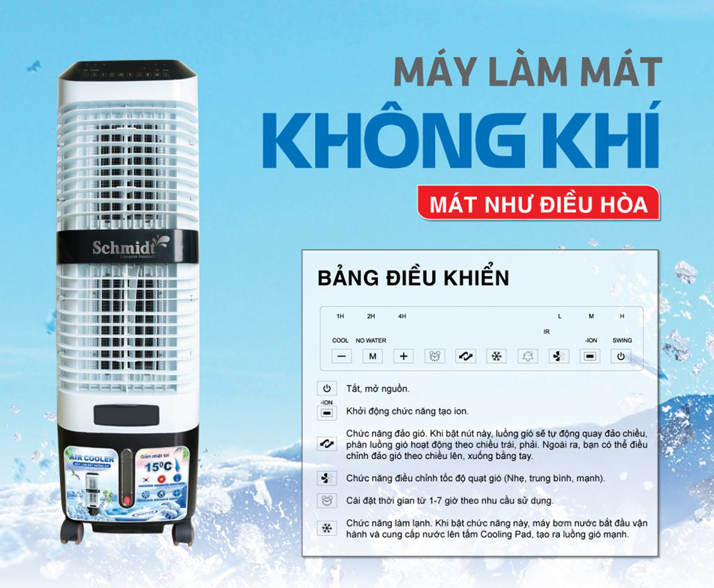 Quat Điều Hòa Hơi Nước Schmidt CC25 Dung Tích 30L Có Điều Khiển, Quạt Đem Lại Gió Thổi Hơi Mát Tự Nhiên, Dễ Dàng Vệ Sinh Bụi Bẩn, Dễ Di Chuyển Đến Các Khu Vực Khác Nhau-Hàng Chính Hãng