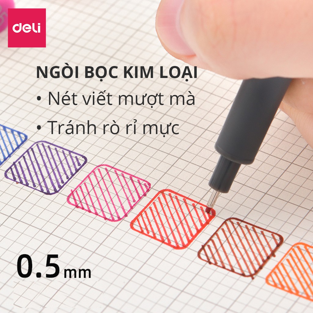 Bút đi nét liner , bút viết kỹ thuật 9 màu ngòi bọc kim loại 0.5mm  -  Deli S572 (Hộp bút 9 màu)