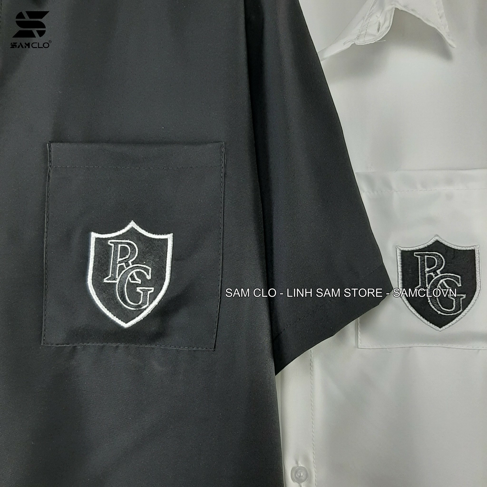 Áo sơ mi học sinh nữ tay ngắn - lỡ, form ulzzang freesize unisex, dáng rộng, mặc đi học, thêu LOGO RG