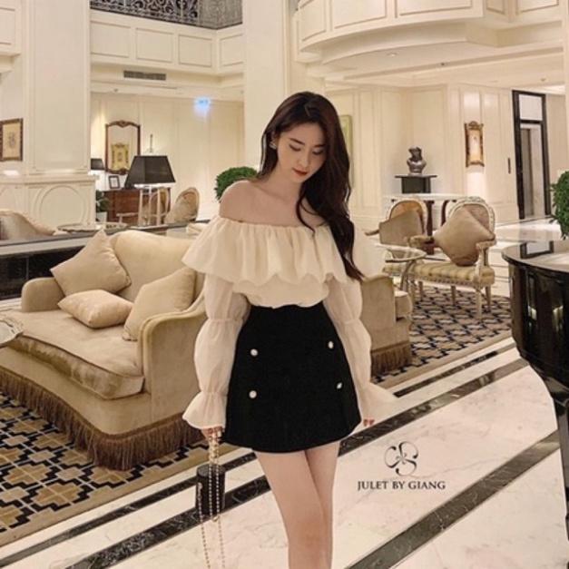Áo sơ mi trễ vai 2 lớp hàng mới_001 babydoll bánh bèo mầu trắng