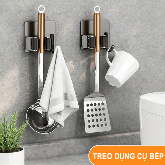Kẹp Giữ Chổi, Cây Lau Nhà Dán Tường 2in1 Kèm Móc Treo Bằng Inox 304, Siêu Chắc Và Chịu Lực