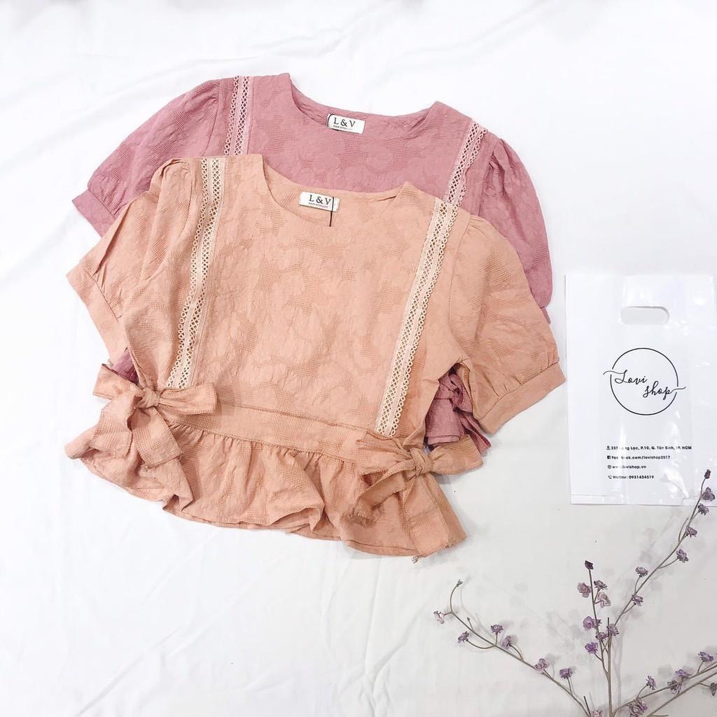 Áo xô thêu babydoll 2 nơ Áo xô ren cột nơ 2 bên nhiều màu Lovi