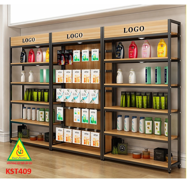 Kệ trưng bày sản phẩm, hàng hóa , kệ trang trí khung sắt mặt gỗ KST409 - Nội thất lắp ráp Viễn Đông Adv