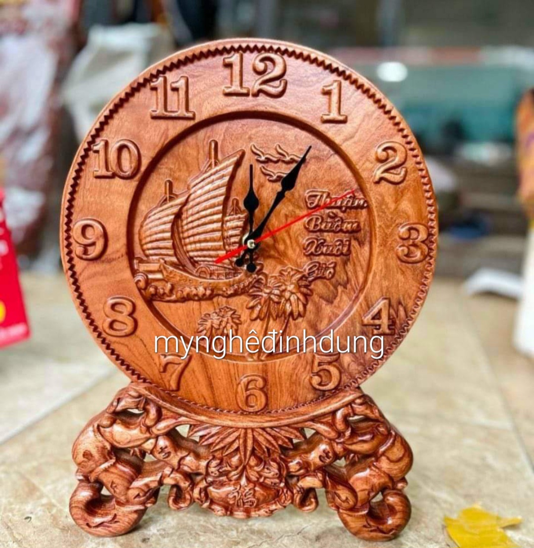 Đĩa đồng hồ thuận buồm xuôi gió trang trí phòng khách bằng gỗ hương đá kt mặt tròn 27×3×37cm