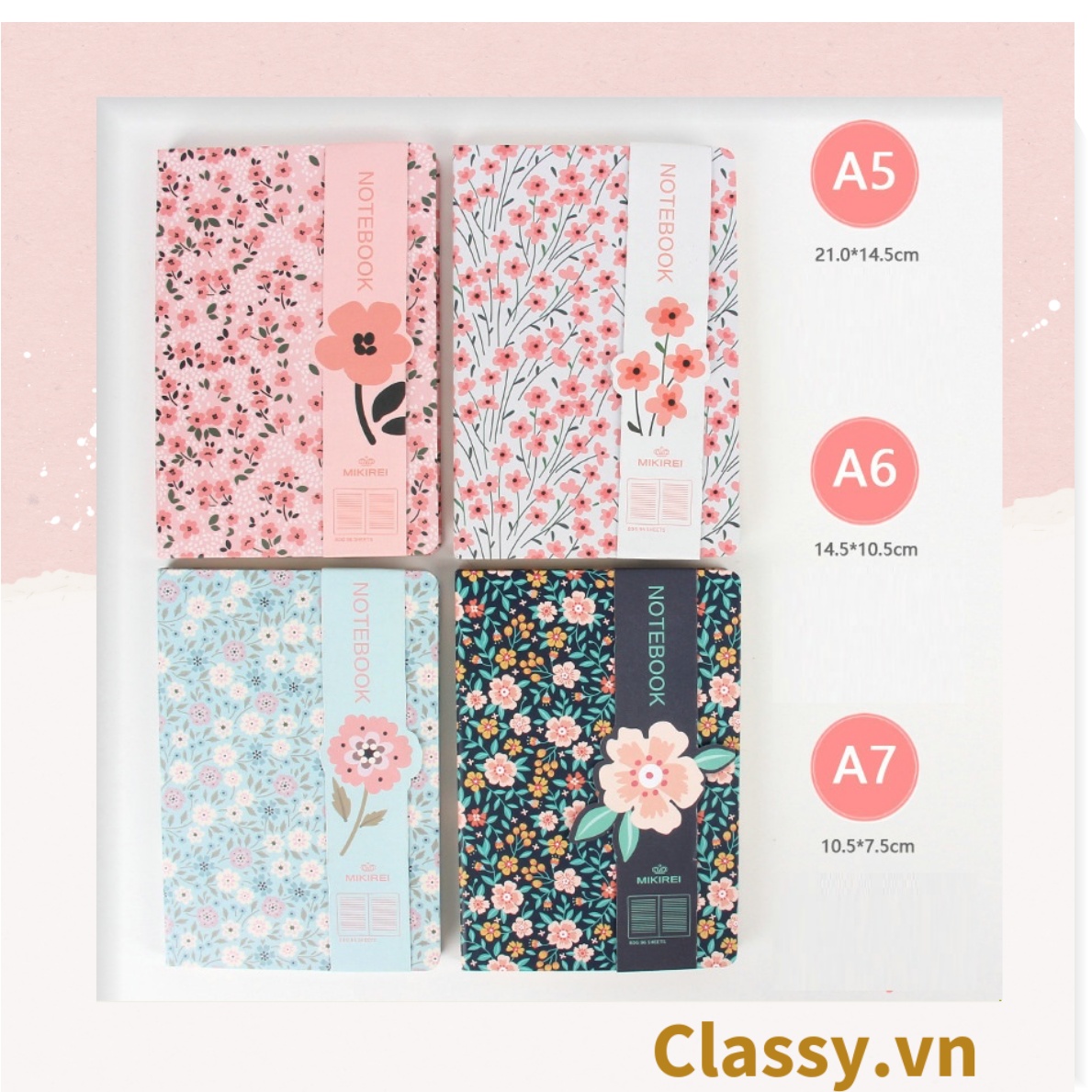 Sổ tay bìa cứng họa tiết hoa vintage kích thước A7, 192 trang PK1792 Classy Floral