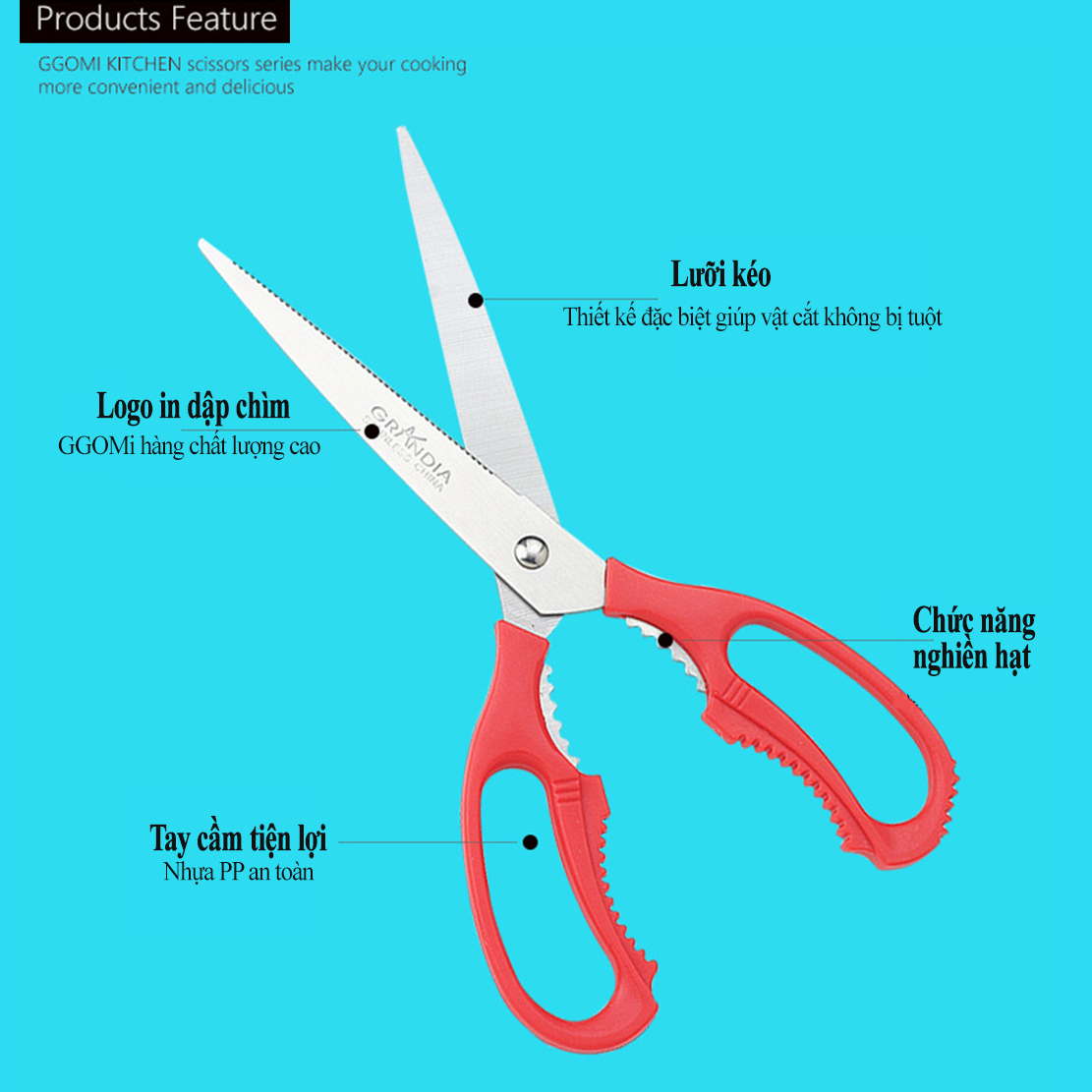 Kéo cắt tỏi chuyên dụng nhà bếp dài 23cm, lưỡi kéo dài 12cm bằng thép không gỉ GGOMi Hàn Quốc GG125