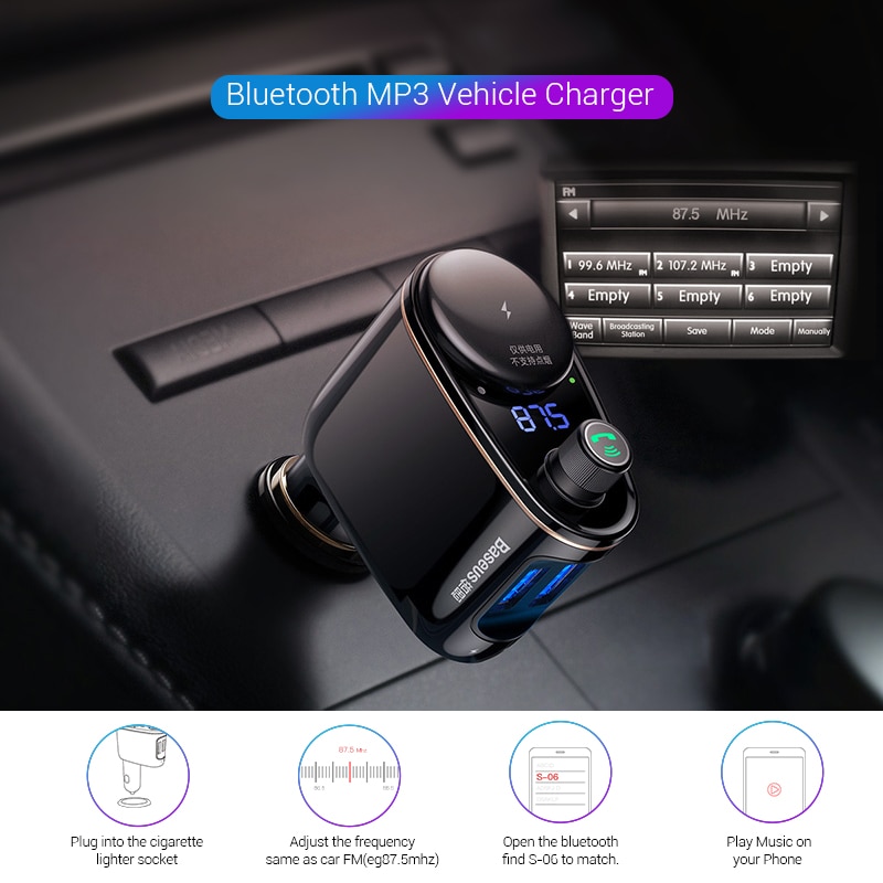Cóc củ sạc nhanh kiêm máy nghe nhạc Bluetooth Mp3 hiệu Baseus S06 cho ô tô xe hơi 2 cổng sạc USB, Bluetooth 4.2, đài FM - Hàng chính hãng