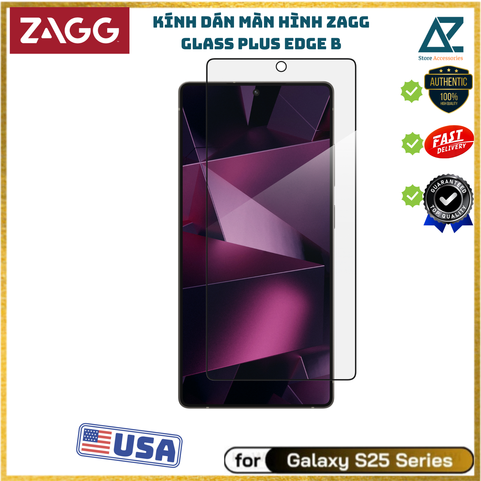 Kính cường lực ZAGG Glass Plus Edge B cho Samsung S25 Ultra, S25 Plus- Nhận vân tay, Kèm khung hỗ trợ dán_ Hàng Chính Hãng