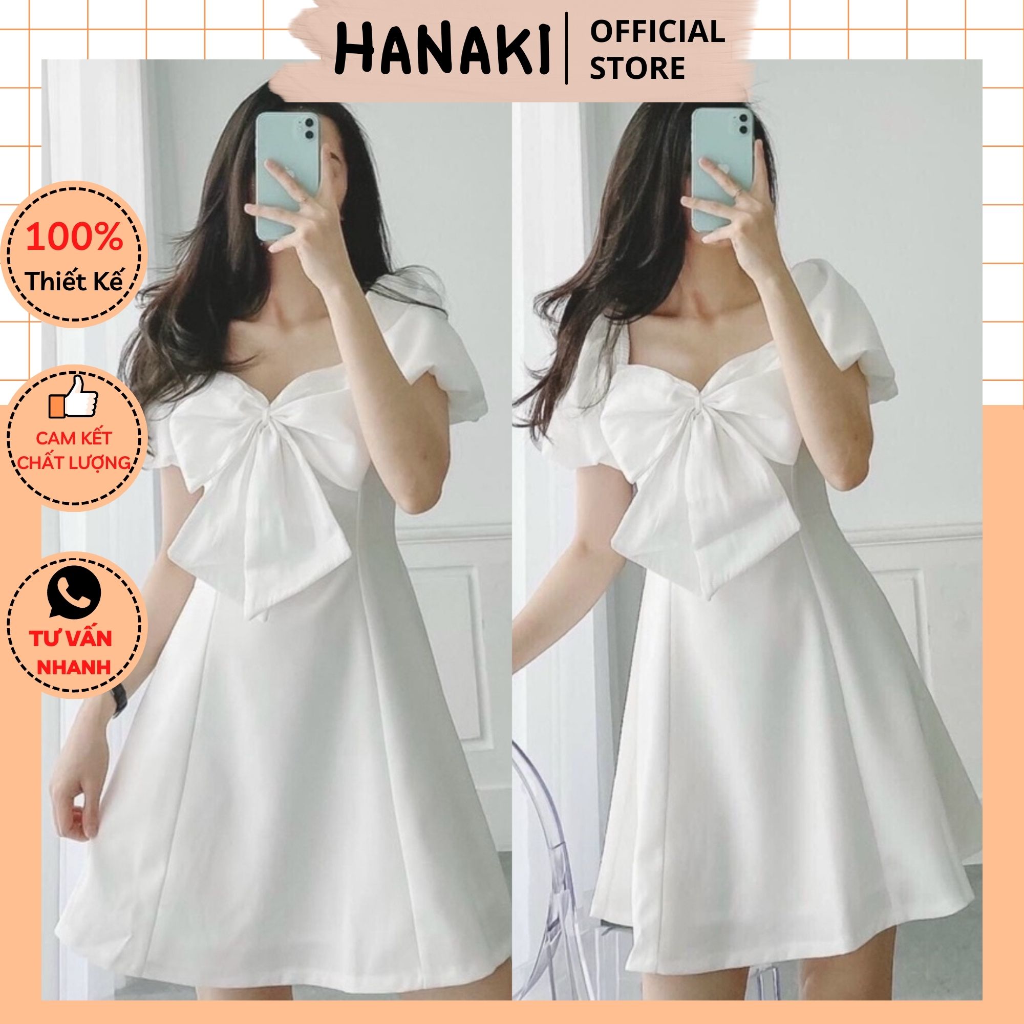 Đầm Dáng Xòe Thiết Kế Nơ Ngực Tay Phồng Chất Vải Cotton Thái Dày Dặn Có Lót Trong Hanaki HNK333