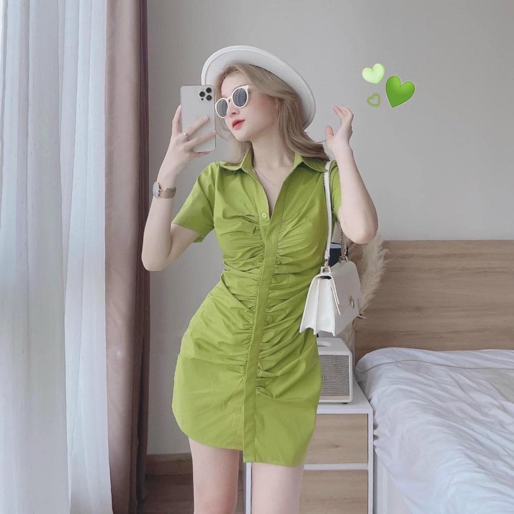 FREESHIP Đầm Cổ Sơ mi Nhún Cài Nút Thật Chất lụa mềm Cao Cấp thiết kế gợi cảm quyến rũ KDS