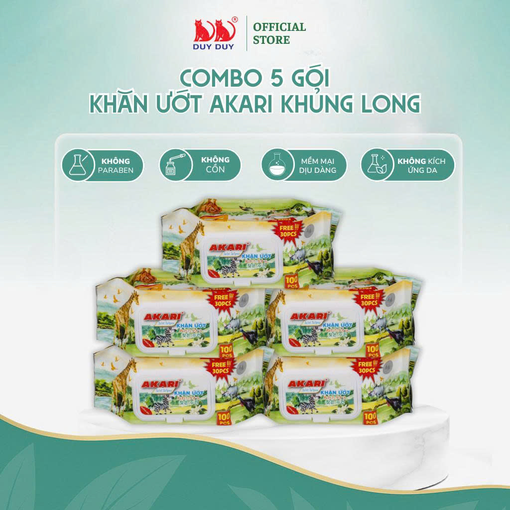 Combo 5 Gói Khăn ướt Akari khủng long vải không dệt rayon cao cấp 130 miếng (13.5x20cm) không paraben dành cho bé