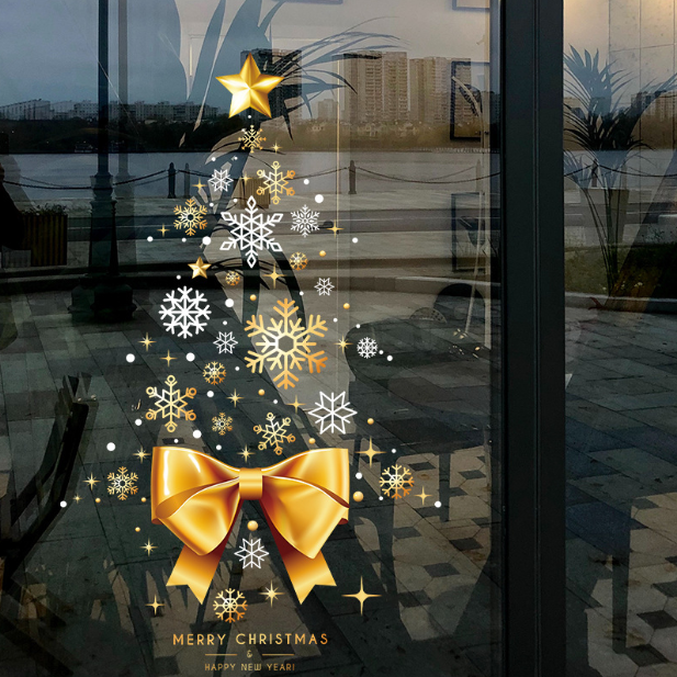Decal trang trí Noel hít tĩnh điện - Cây thông và chiếc nơ vàng
