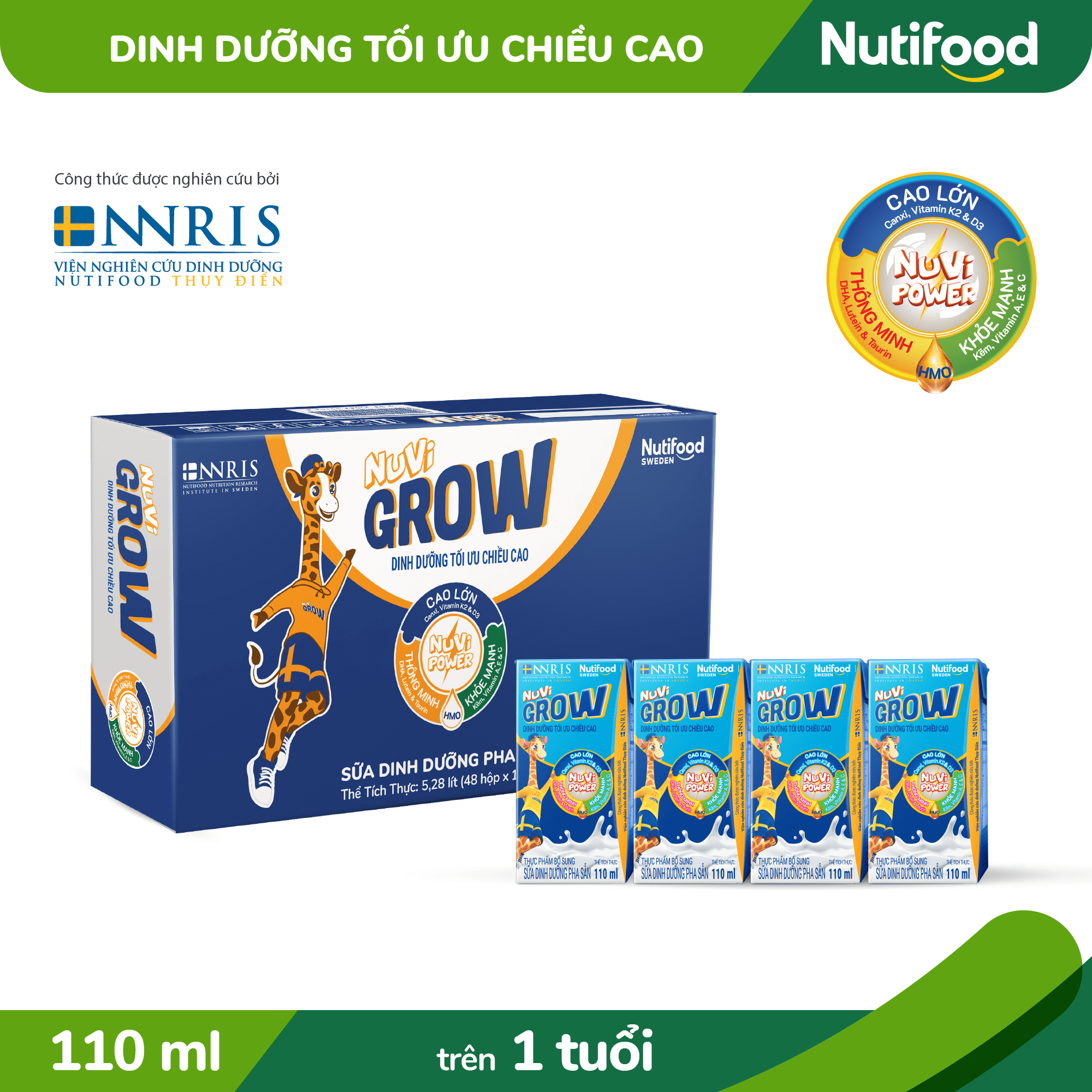 Thùng 48 Hộp 110ml Sữa Bột Pha Sẵn Nuvi Grow Trên 1 Tuổi - Phát Triển Chiều Cao