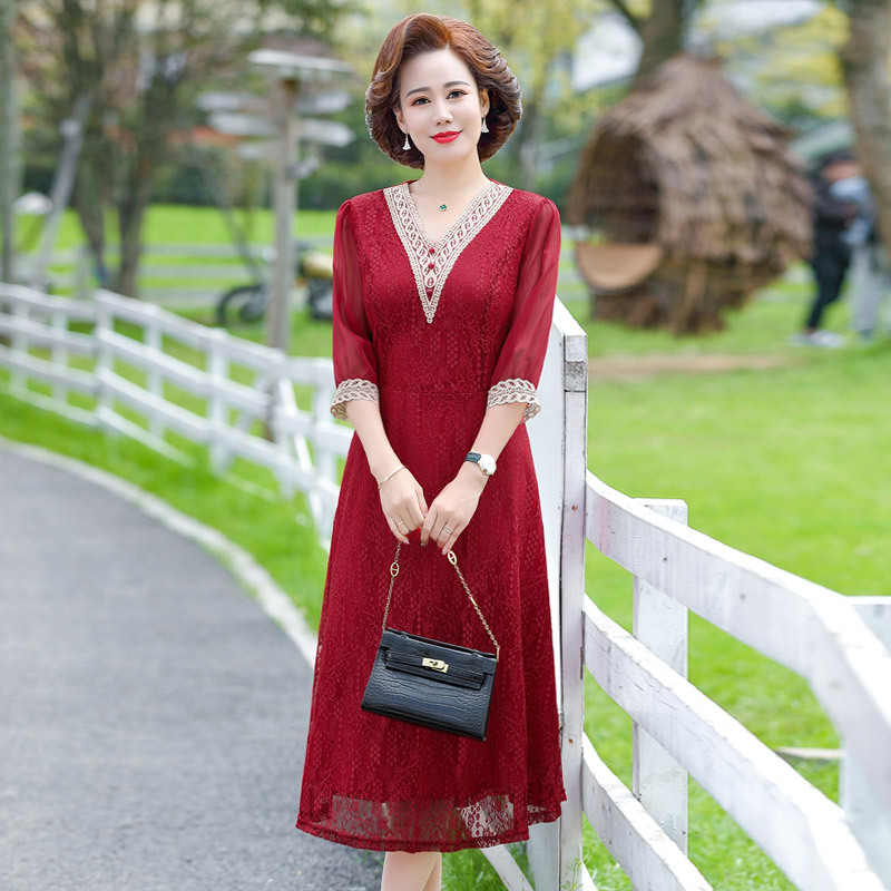 Váy Dài Cổ V Thanh Lịch Phối Ren Cho Mẹ VH26 - Hàng Quảng Châu Cao Cấp