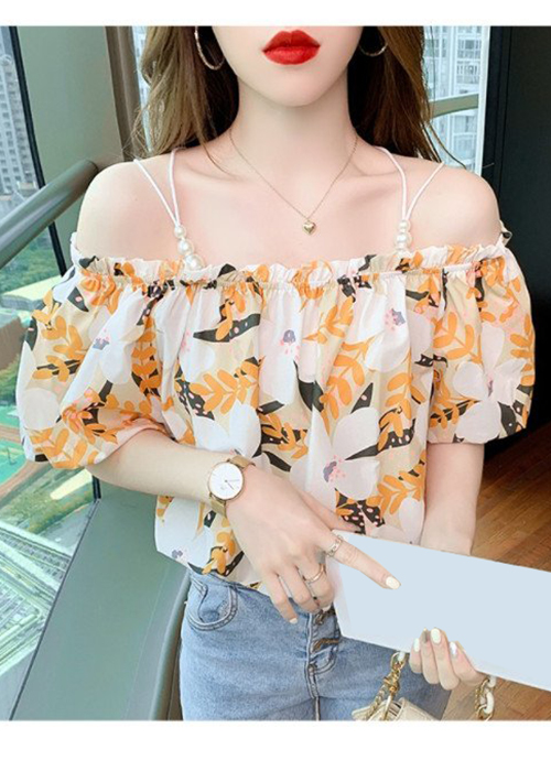 Áo Kiểu Nữ Kate Hàn Quốc Trễ Vai Đính Hạt In Hoa