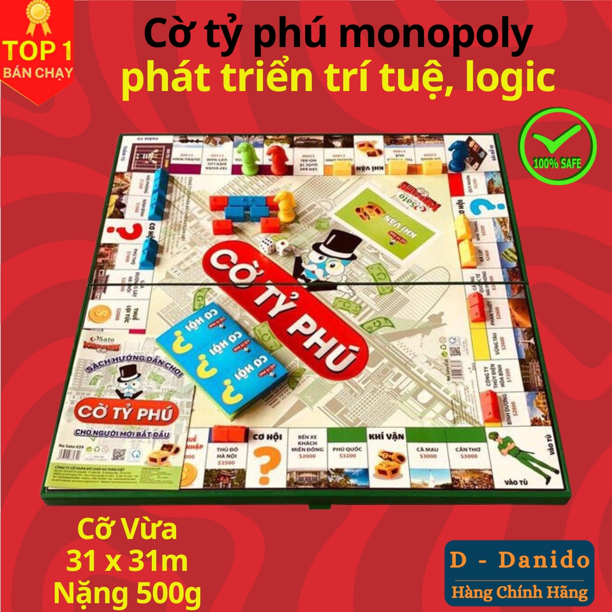 Cờ tỷ phú Monopoly cao cấp bản Việt Nam cải tiến - Boardgame cờ tỷ phú vui nhộn kích thước 31x31 và 42x42 - Hàng chính hãng D Danido 