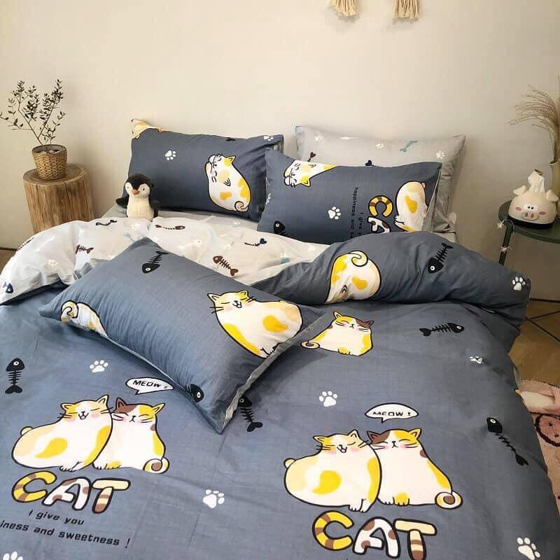 Bộ chăn ga gối Cotton poly M2T bedding, vỏ chăn mền, drap ga giường và 2 vỏ gối - Pl Mèo xương cá