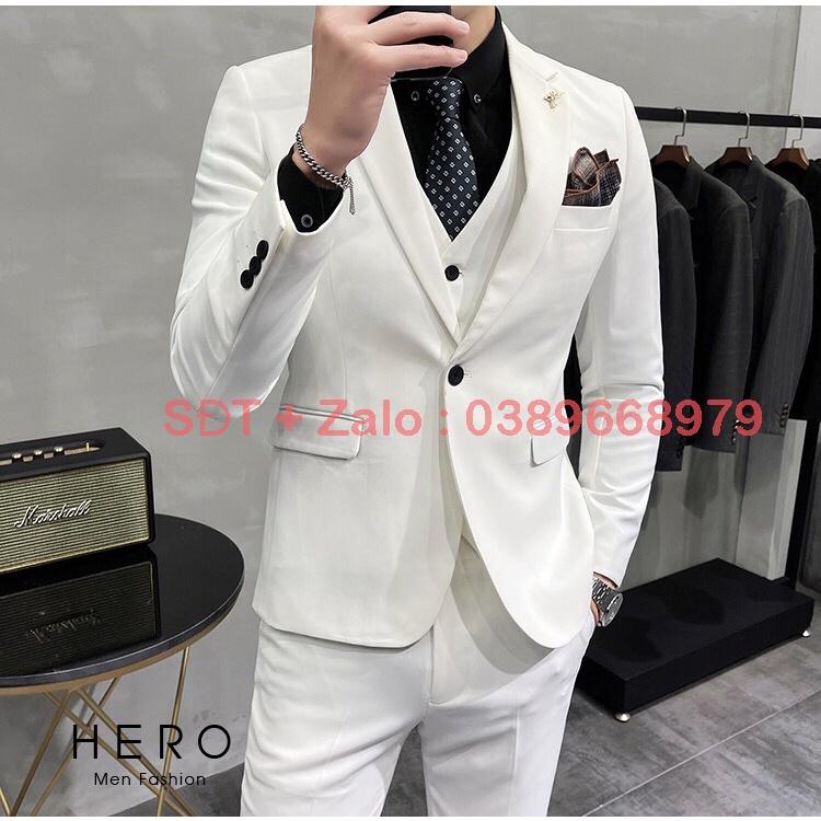 Bộ Vest Nam Cao Cấp Màu Trắng, Bộ suit nam Hàn Quốc màu trắng ( Vải Xịn 2 Lớp )