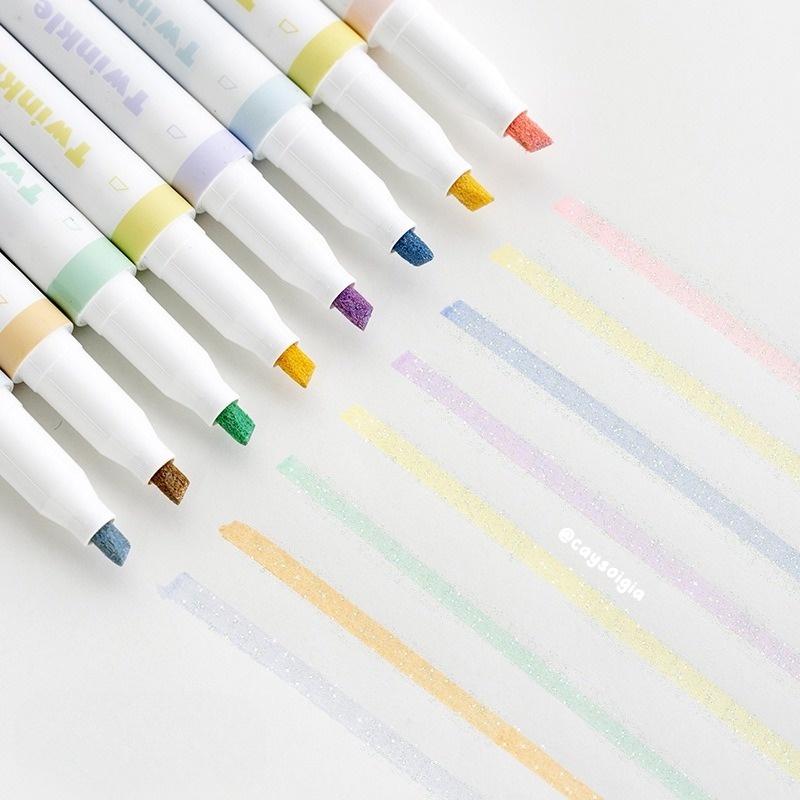 S75 - Bút highlight dạ quang 2 đầu màu pastel ánh nhũ kim tuyến lấp lánh Twinkle RosyPosy đánh dấu từ khóa
