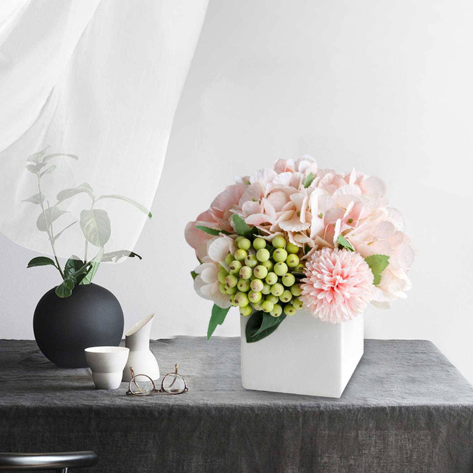 Artificial Silk Flowers in Ceramic Vase, Fake Hydrangea Flower Arrangements for Home Office Wedding Decor Artificial Flowers with Vase Gifts