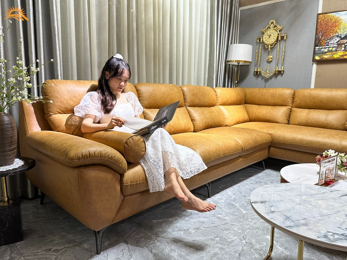 Sofa góc L da bò Italy Juno sofa màu vàng bò – SFLCT01 3m3 x 2m8 hàng cao cấp chuẩn da bò nhập khẩu Ý