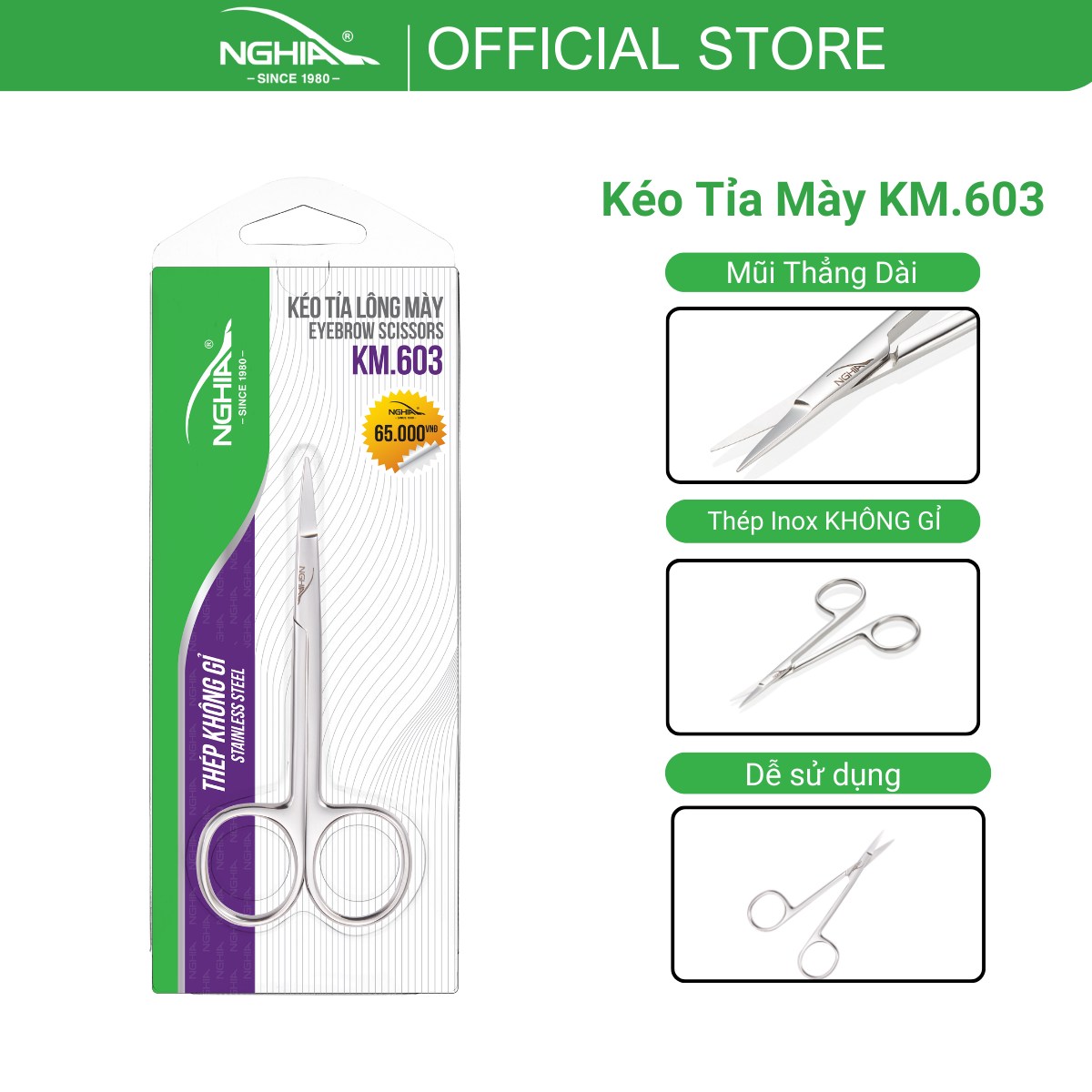 Kéo Cắt Chân Mày Thép Không Gỉ Inox Kềm Nghĩa KM - 603 Cao Cấp - Kéo Tỉa Lông Mày
