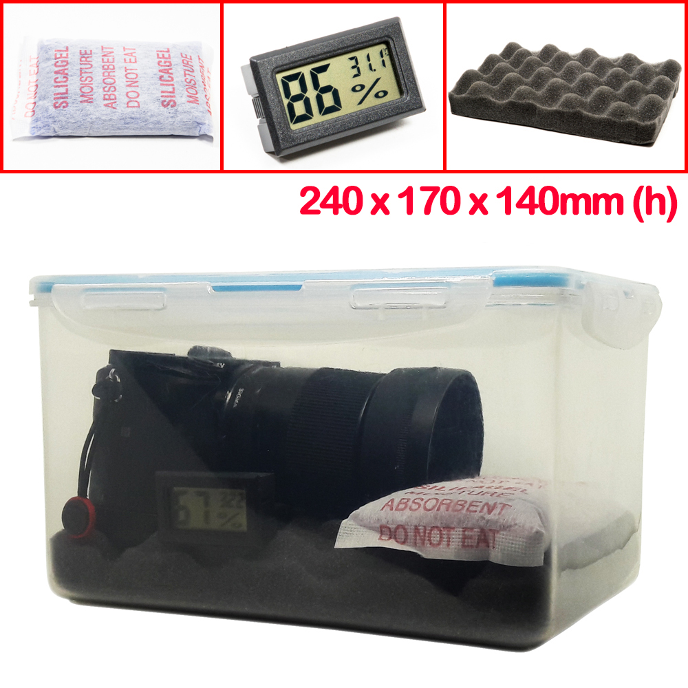 Combo hộp chống ẩm máy ảnh và ẩm kế điện tử, 100gram hạt hút ẩm xanh - dung tích 4 lít