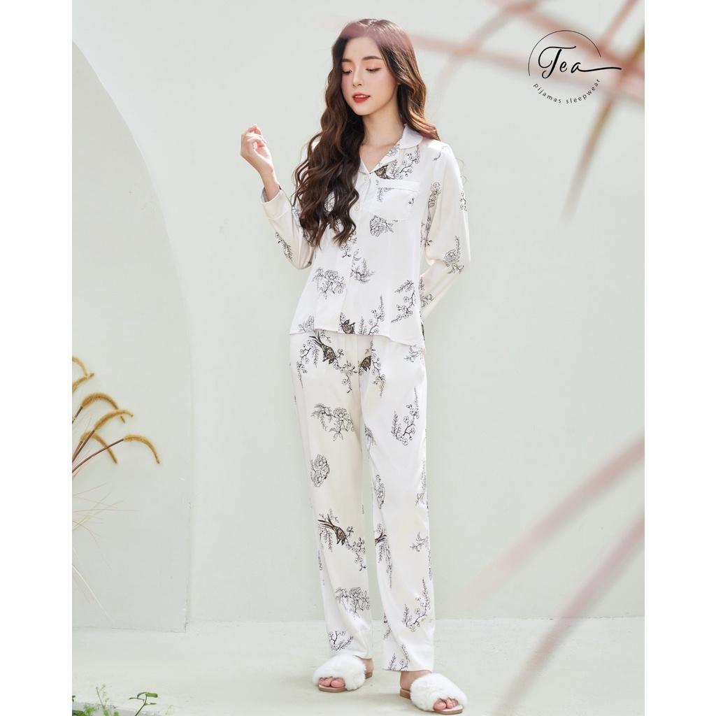 Bộ mặc nhà pyjama lụa cao cấp Tea Store tay dài quần dài họa tiết chim sẻ hai màu sang trọng